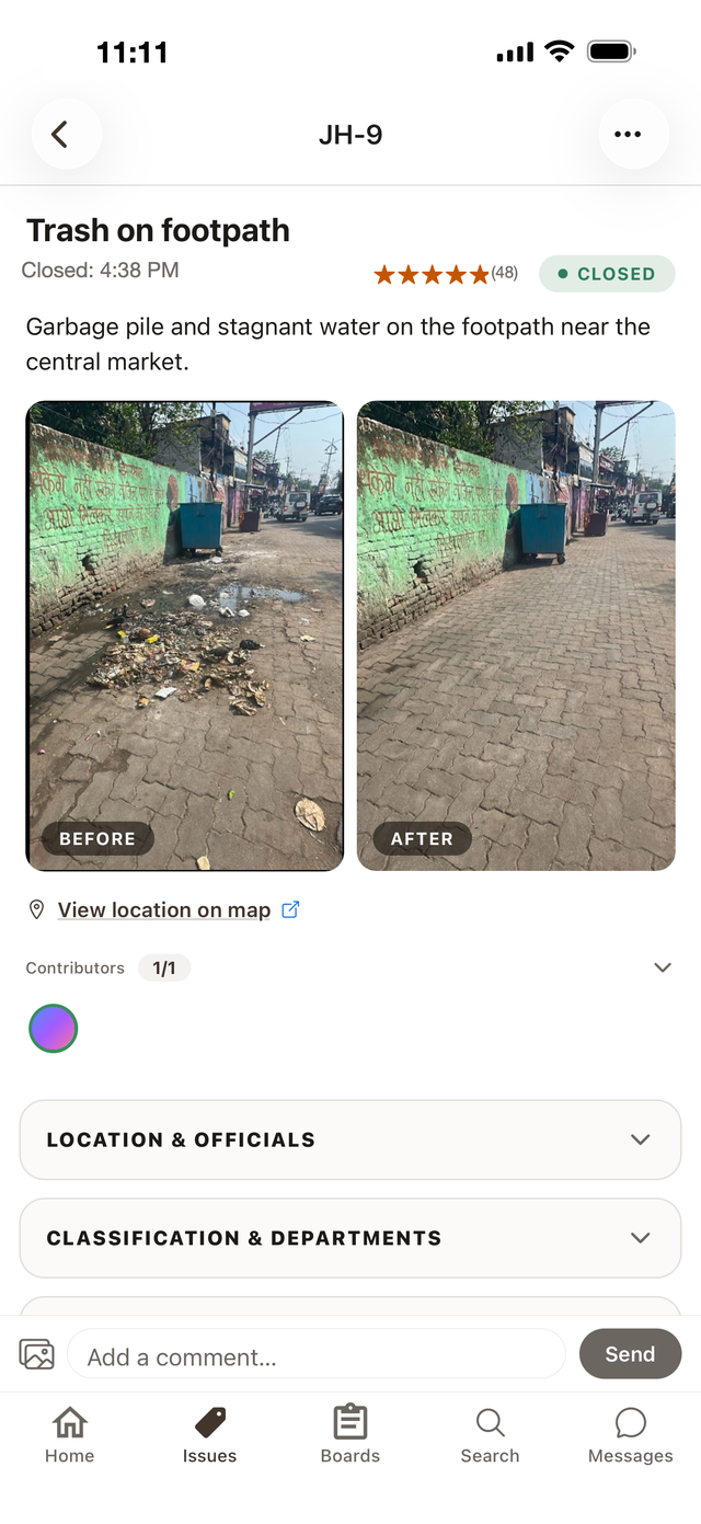 Closed issue screen with before and after