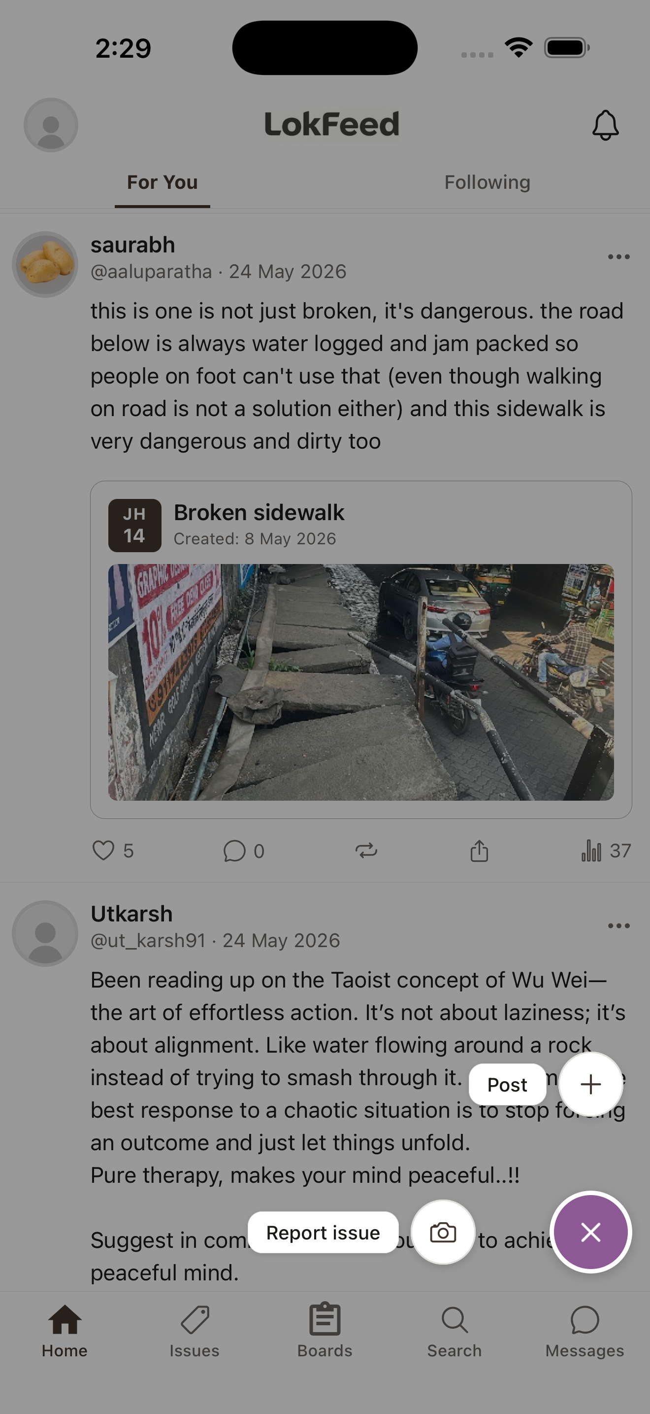 FAB menu showing Issue and Post options