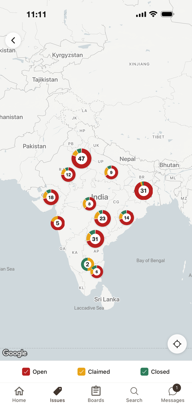 LokFeed map view showing clustered civic issues across India with open, claimed, and closed status indicators.